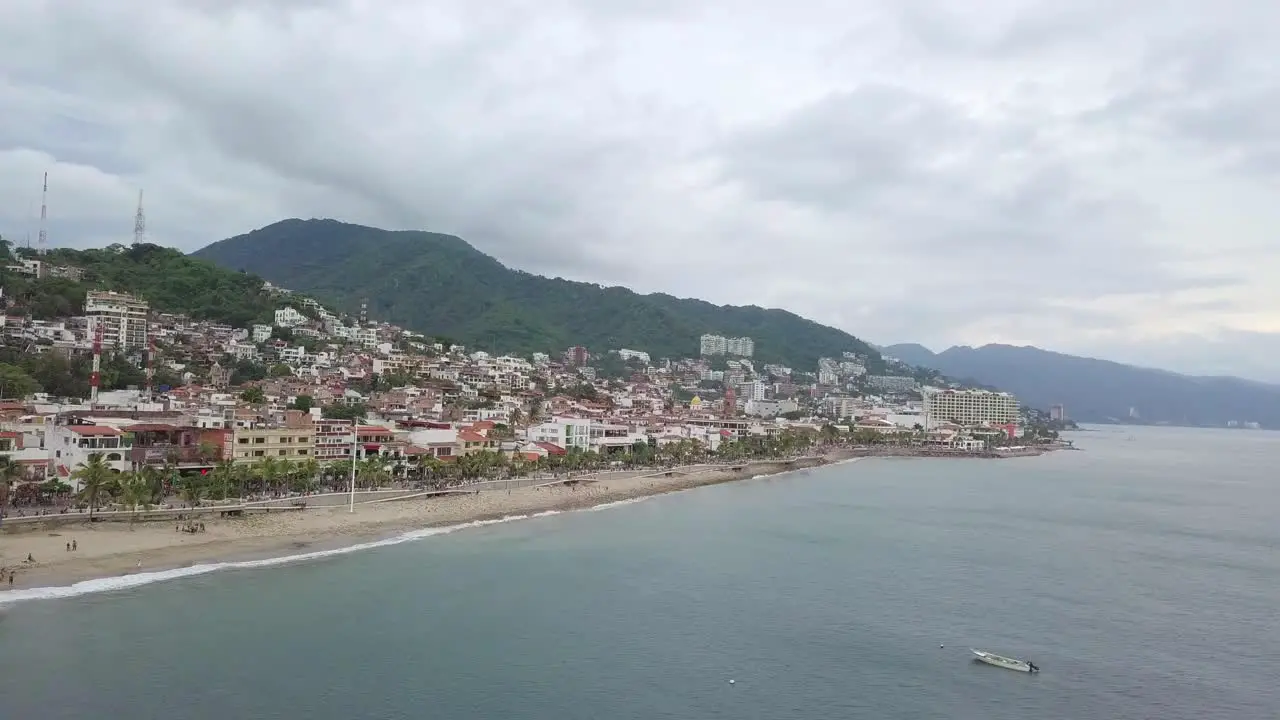 Aerial view of Malecon Puerto Vallarta Mexican beach promenade on cloudy day