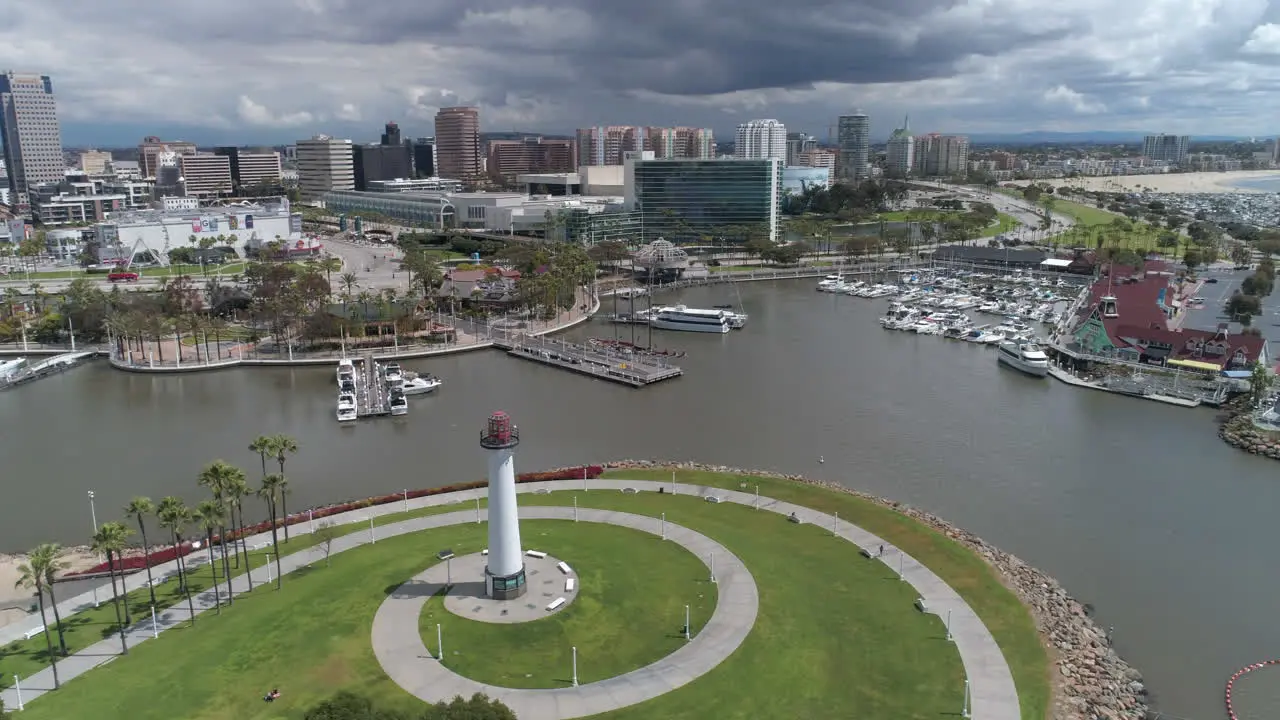 Aerial drone footage of Downtown Long Beach on a cloudy day