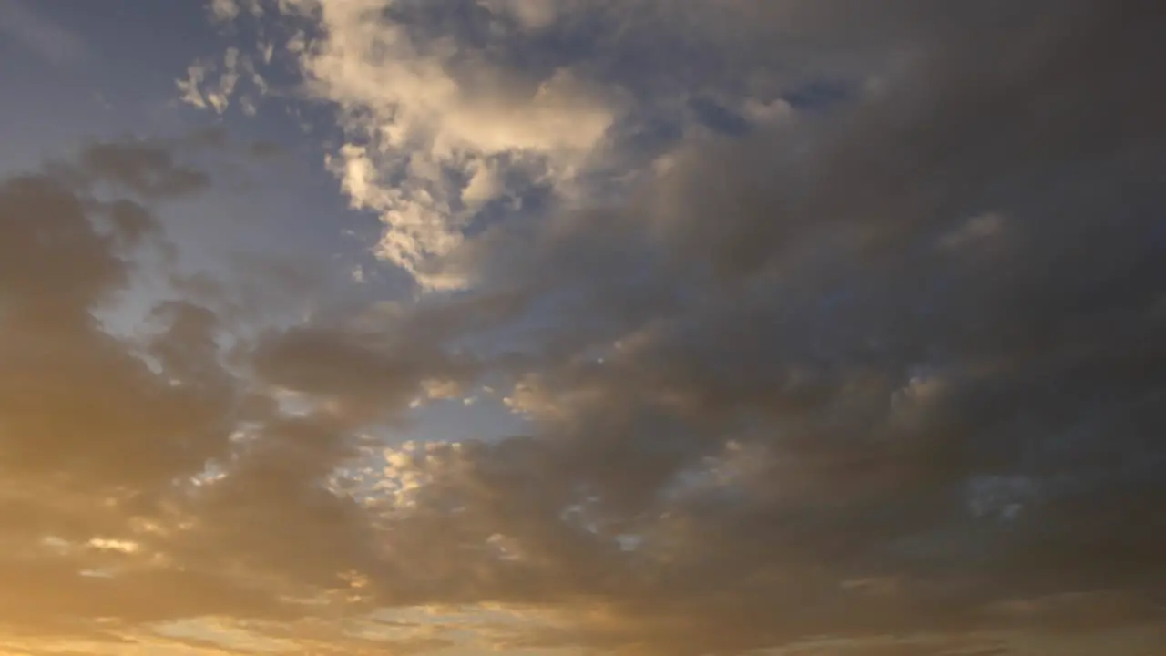 Time lapse of the sky with clouds in movement with an airplane contrail and some seagulls passing by