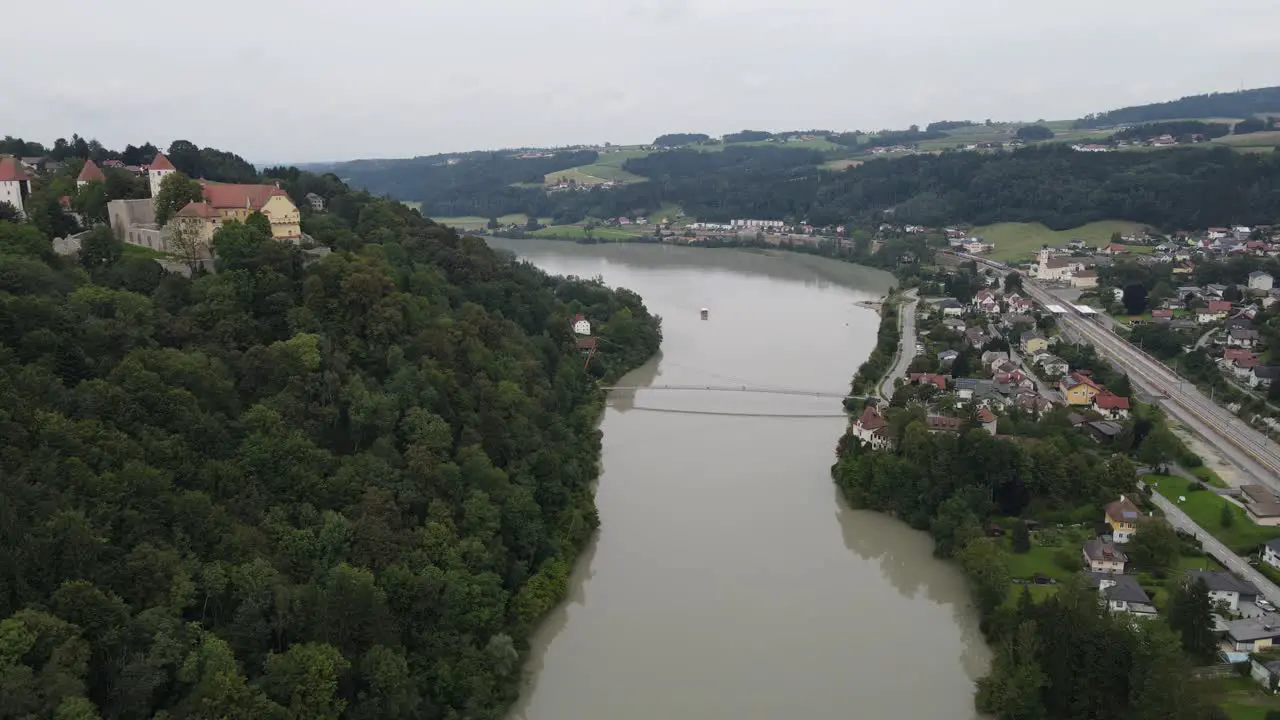 Aerial view over the Inn river in Passau and Austria