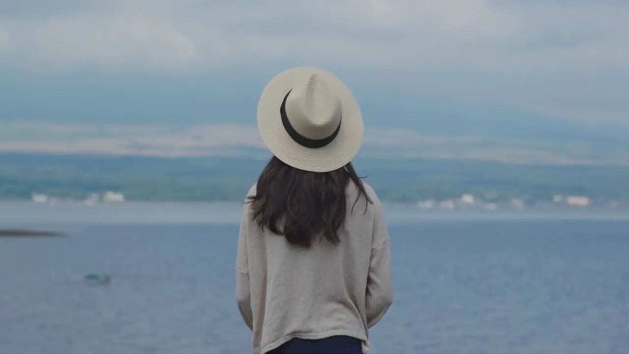 Rear view of woman in hat