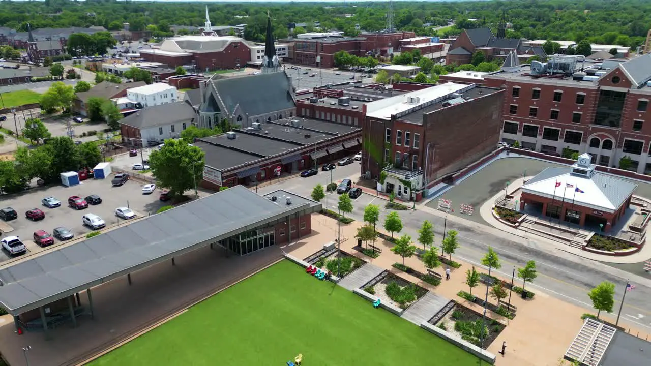 Rising aerial shot of Downtown Commons located in downtown Clarksville Tennessee