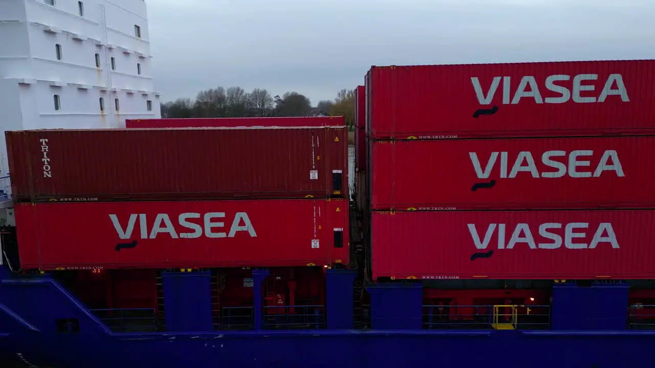 Aerial Close Up View Of Viasea Intermodal Containers Being Transported On Ship Near Dordrecht