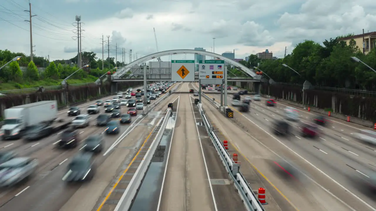 Establishing time lapse shot of rush hour traffic on 59 South freeway in Houston