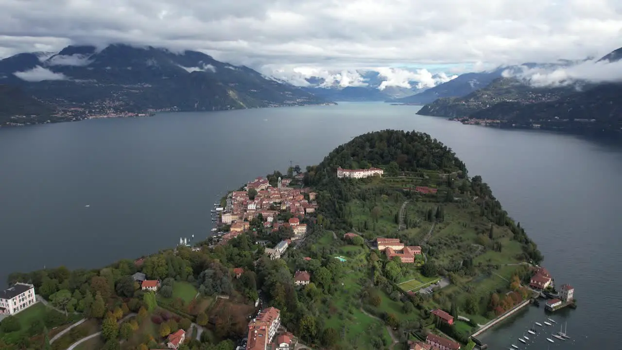 Flying above Bellagio backwards Lake Como Italy