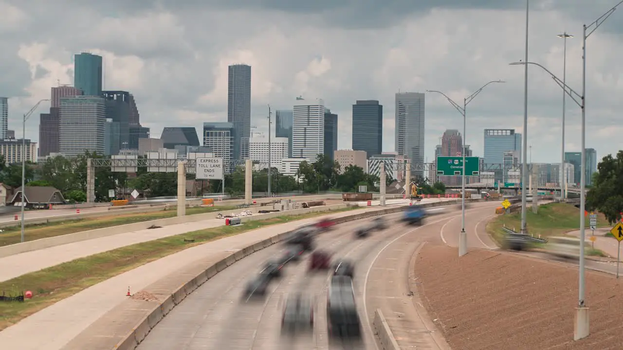 Time lapse of cars on 288 freeway heading north towards downtown Houston