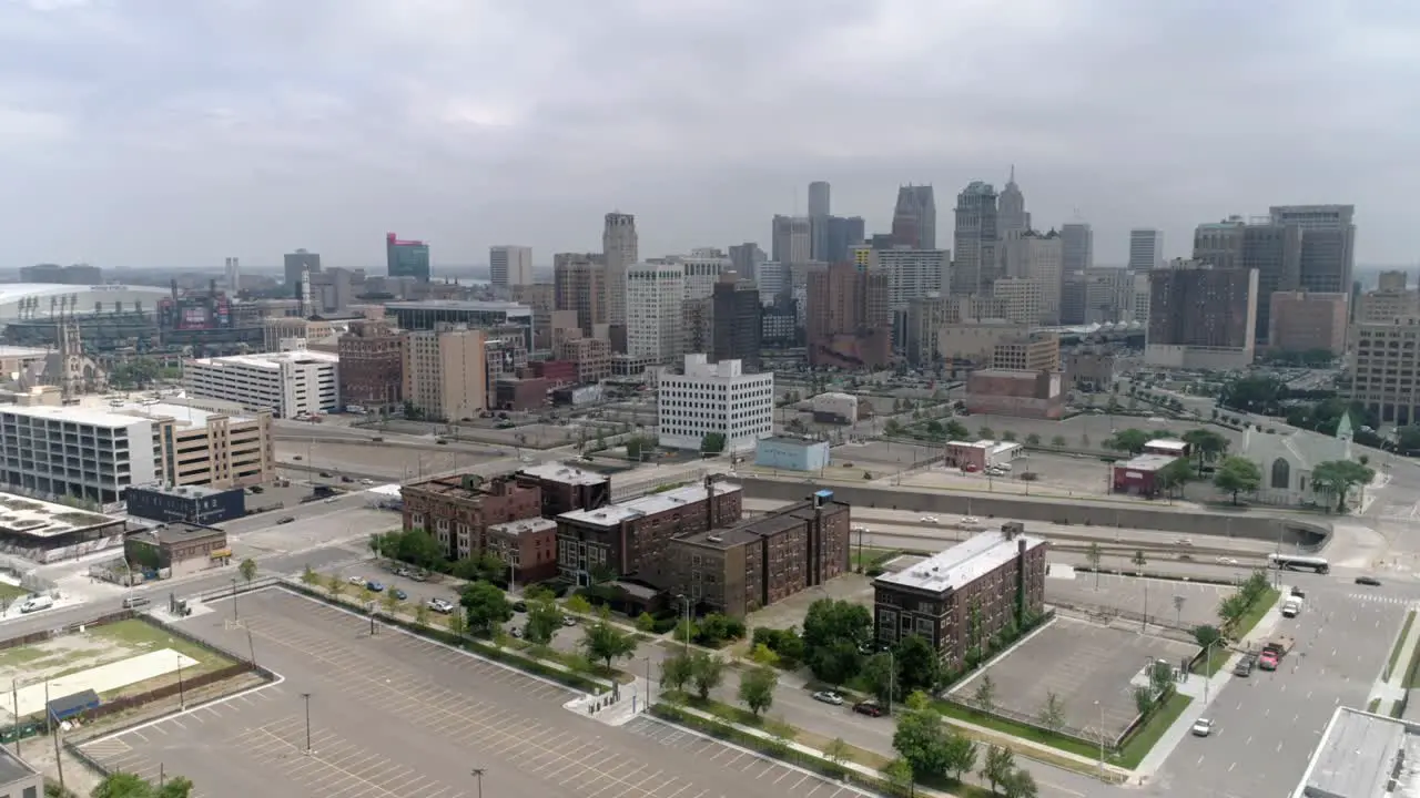 This video is of an aerial view of the Detroit downtown landscape area