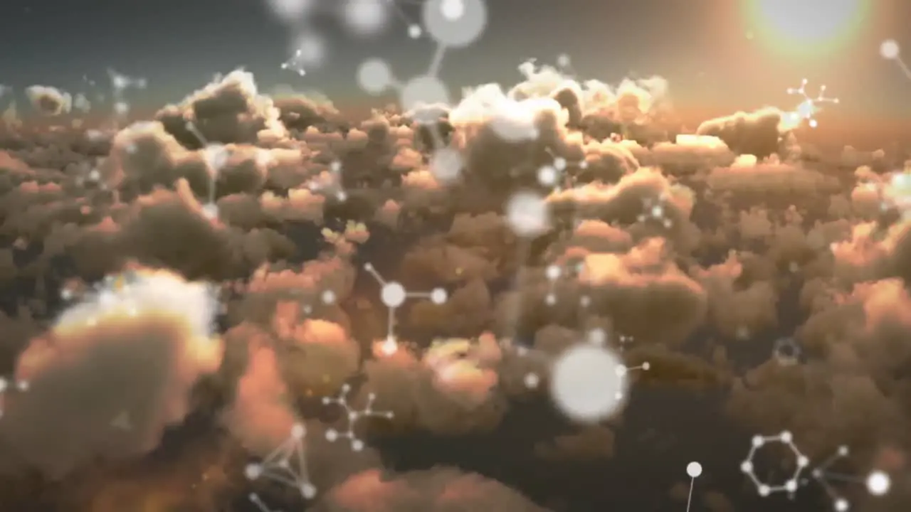 Animation of white networks floating over cloudy sky at sunset