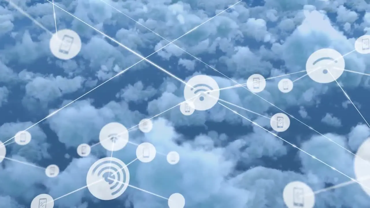 Animations of network of connections with icons over blue cloudy sky