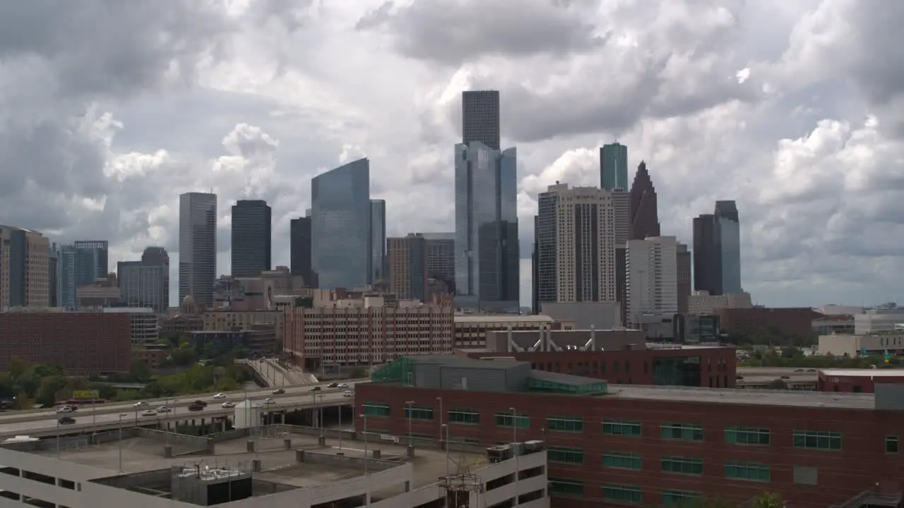 High angle 4k drone view of downtown Houston at sunset