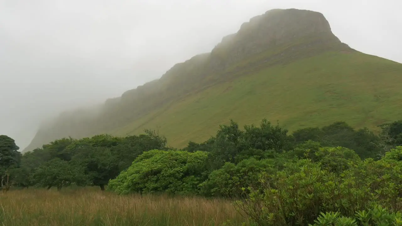 Benbulbin mountain in Ireland on a foggy rainy day