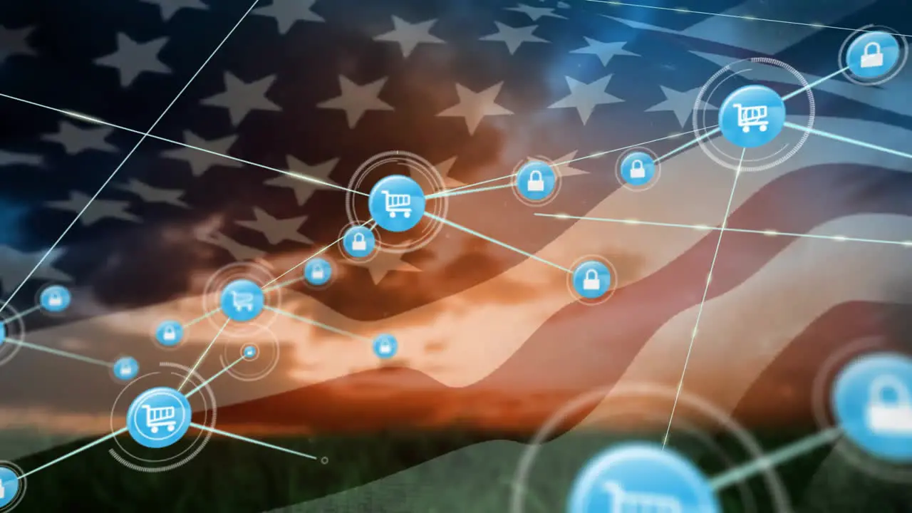 Animation of network of shopping and security icons over flag of america and cloudy sky