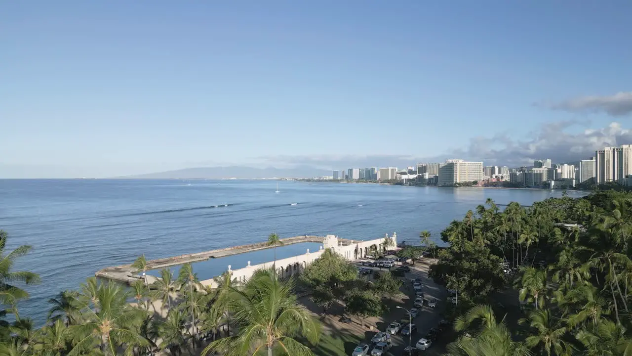 Drone Flying Over Trees Oahu Ocean Beach Landscape in Hawaii