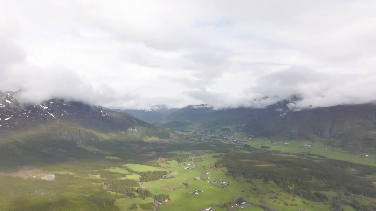 Drone shot from Norwegian valley on a cloudy day