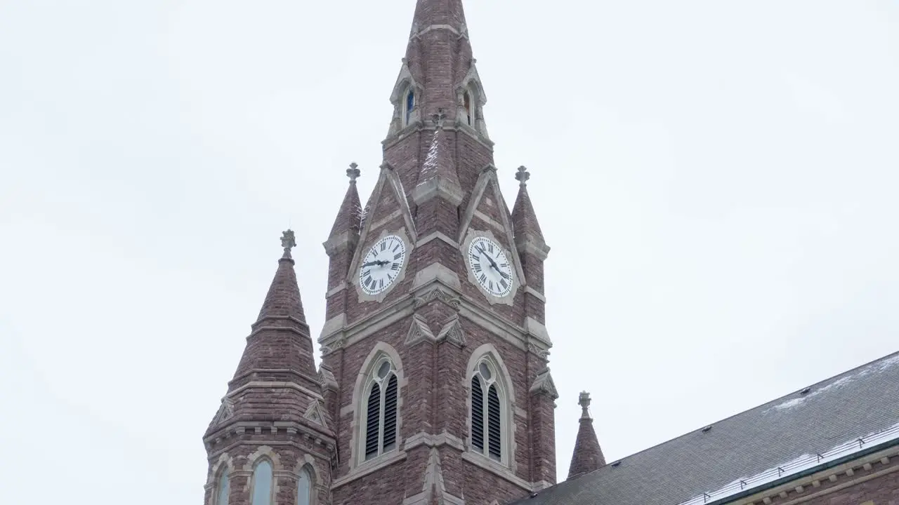 Wide shot of a cathedral clock tower