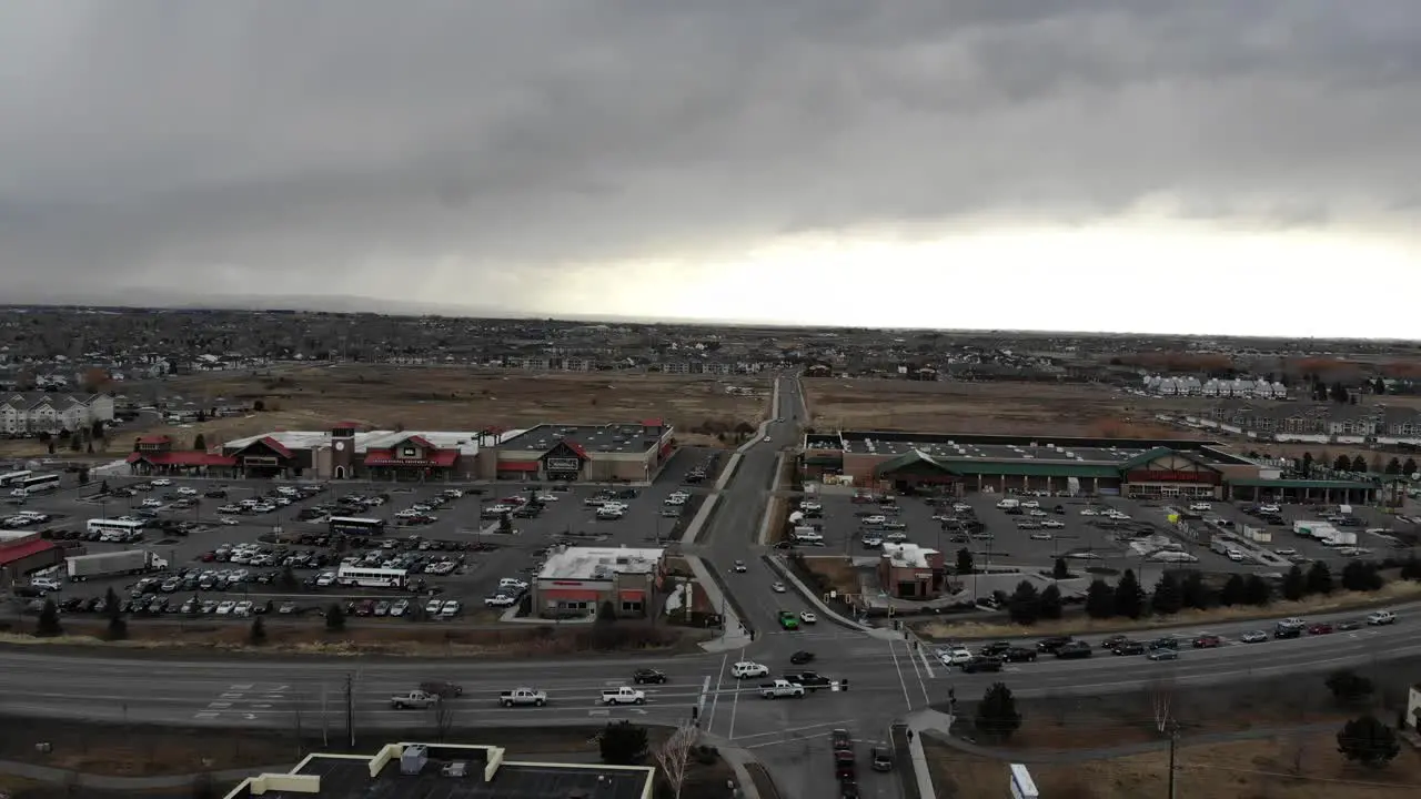 Drone shot of commercial area during a cloudy day