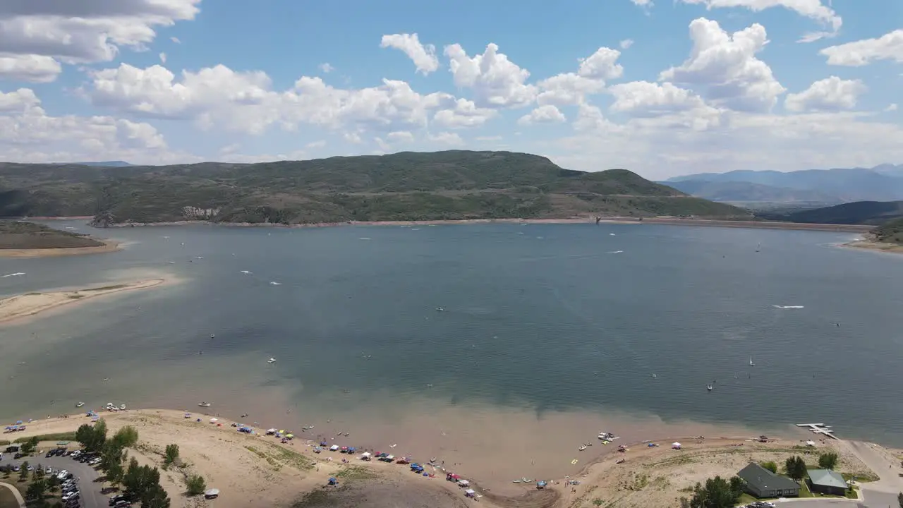 aerial view over a lake in summer time