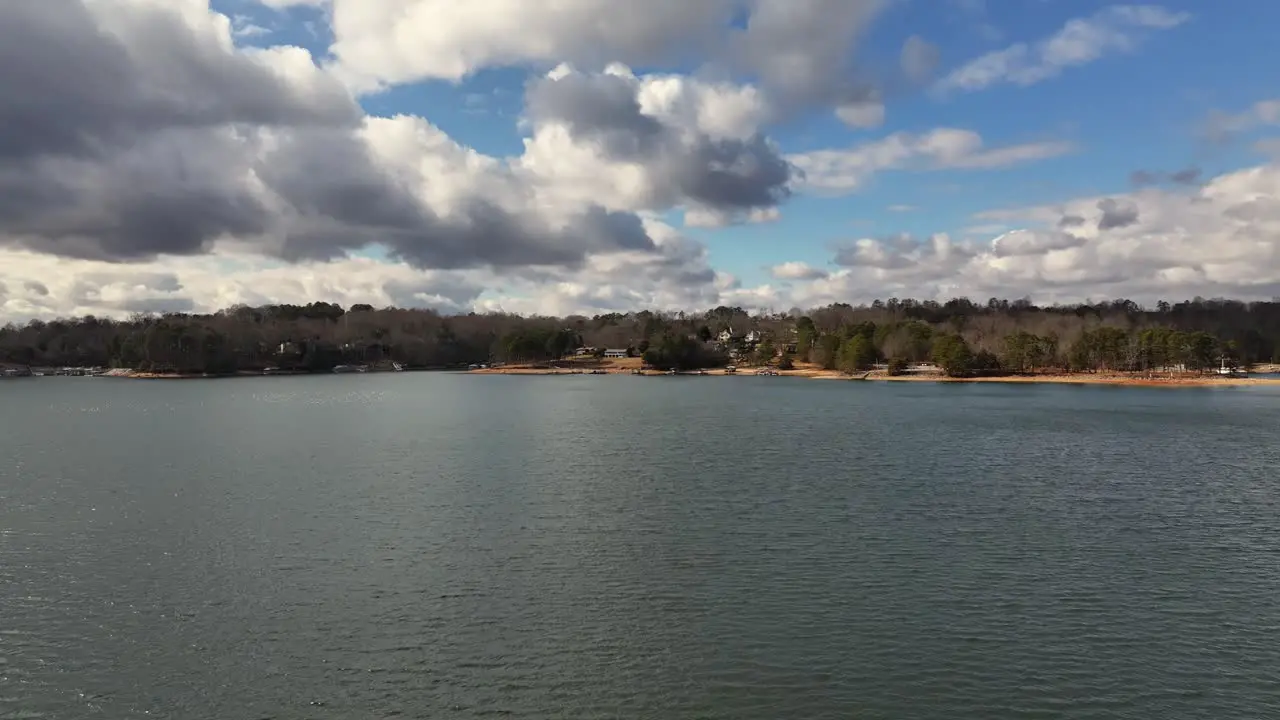 Drone approach to Lake Lanier shore near Cumming Georgia