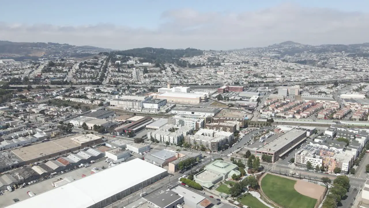 This drone footage captures a serene flyby over the Bayview neighborhood in San Francisco