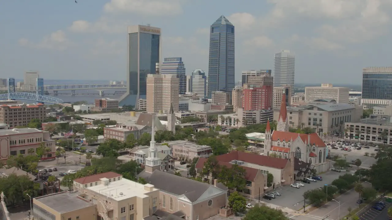 An aerial pan of the downtown Jacksonville skyline on a partly cloudy day