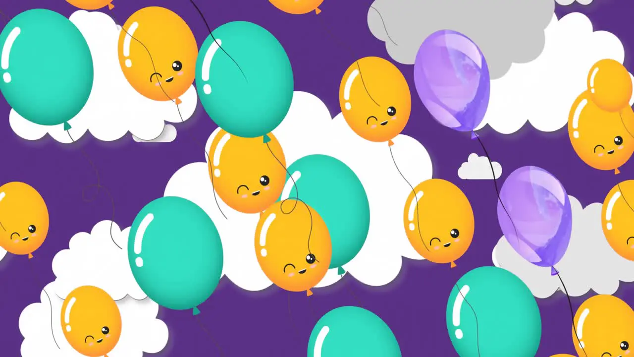 Animation of colorful balloons flying over cloudy sky