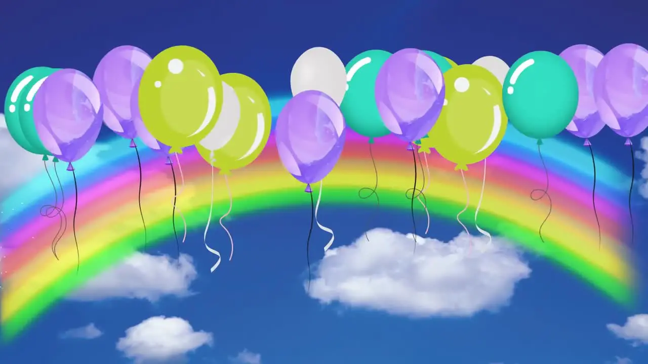 Animation of colorful balloons flying over cloudy sky and rainbow