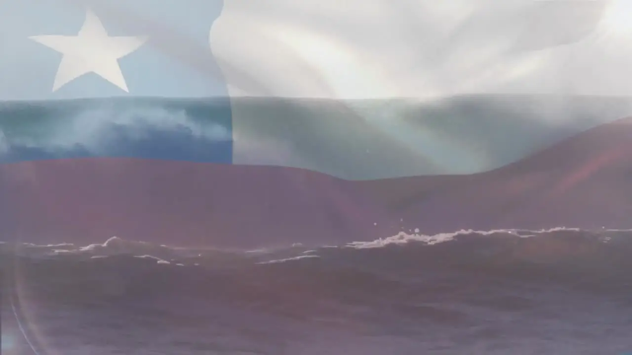 Animation of flag of chile blowing over cloudy sky and waves in sea