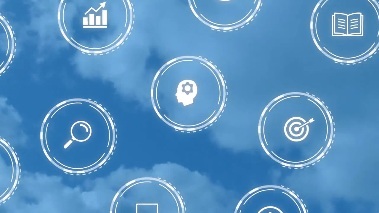 Animation of falling education icons over blue cloudy sky