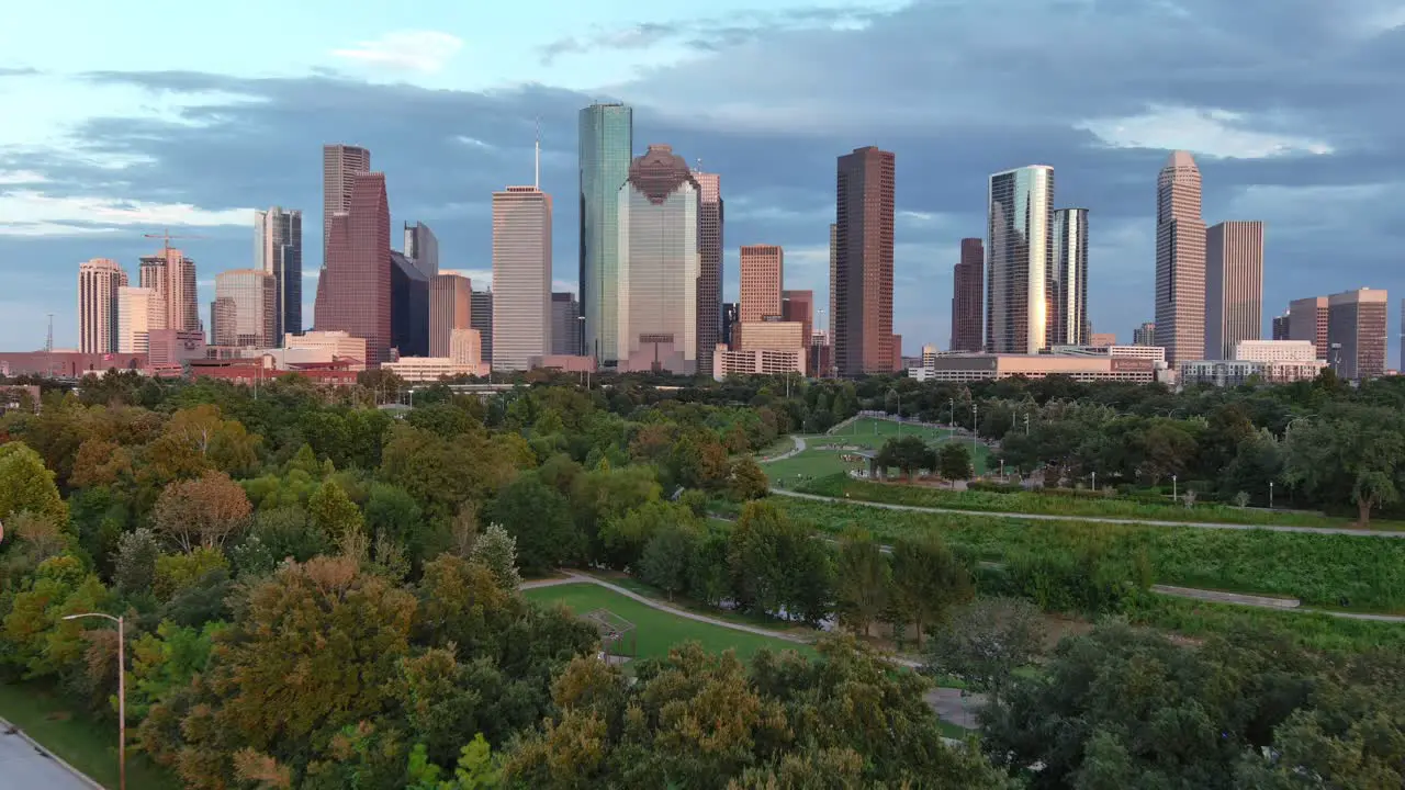 Low angle drone view of downtown Houston skyline