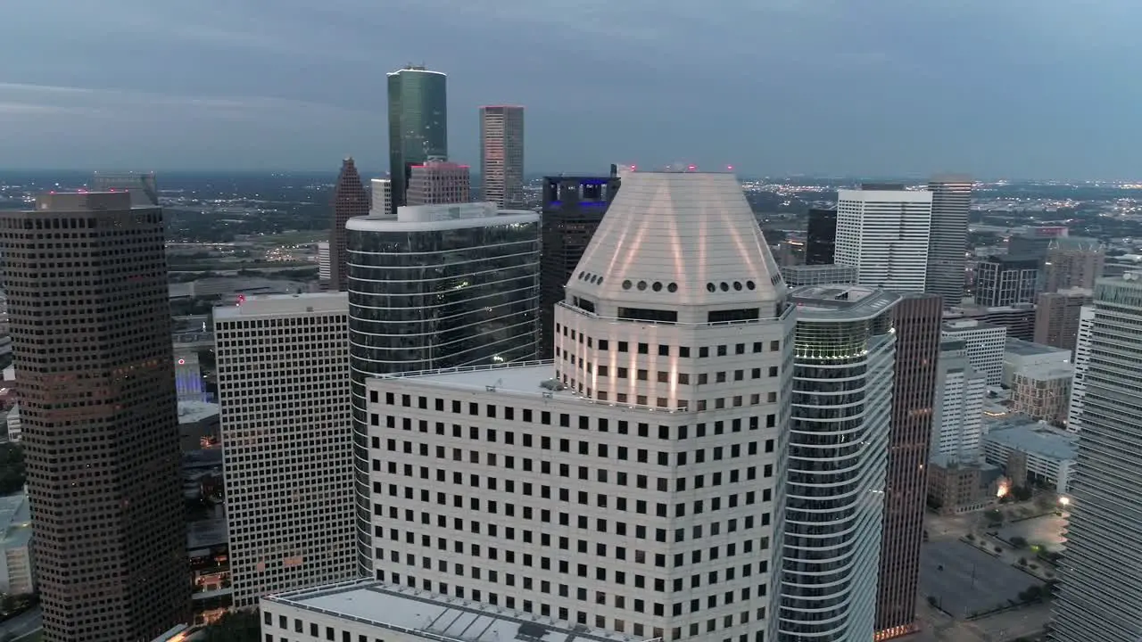 This video is about an aerial view of the downtown Houston skyline in the evening