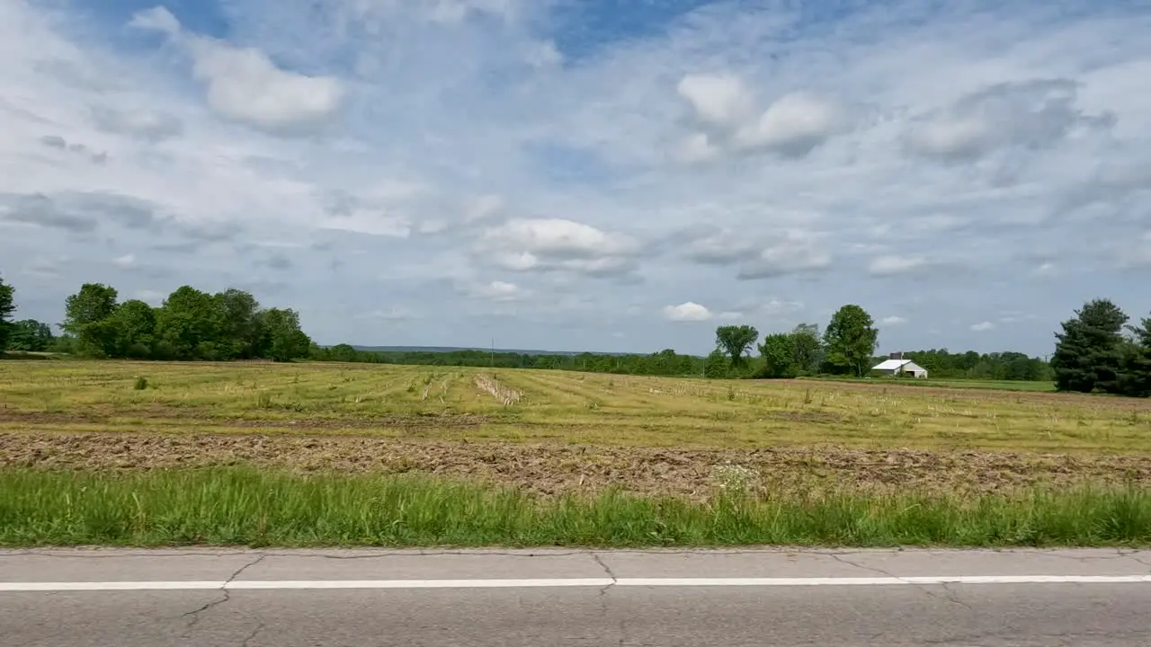 Side tracking recording made through the car window in motion in a rural area