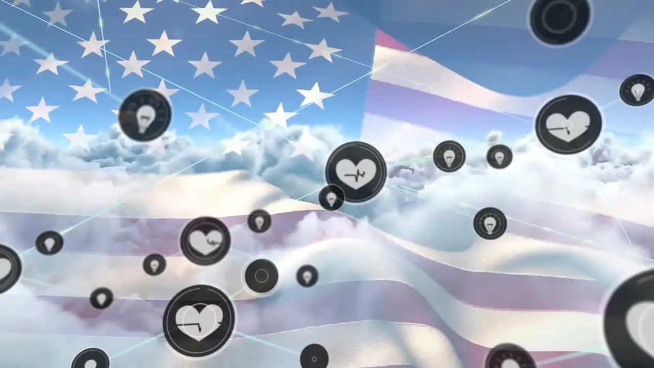 Animation of network of health and idea icons over flag of america and blue cloudy sky