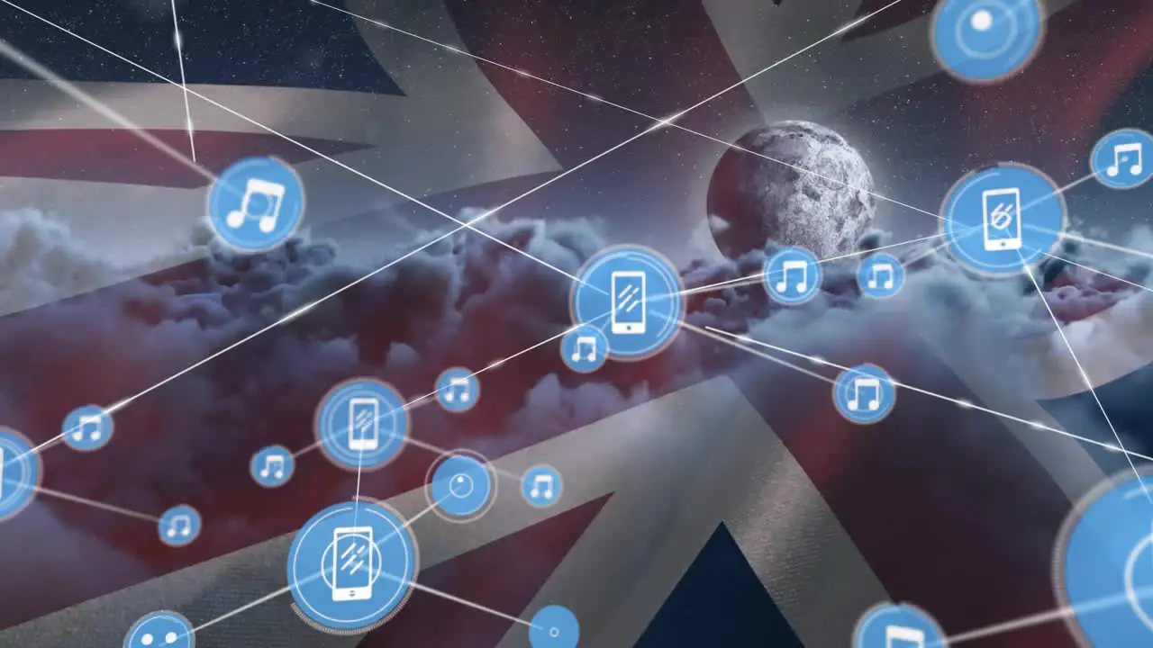 Animation of network of media icons over flag of uk and cloudy sky