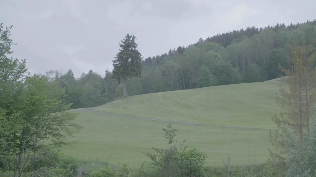 Wide shot of a white truck driving through an empty green landscape with hills and trees on a cloudy day in a steady camera shot everything in focus