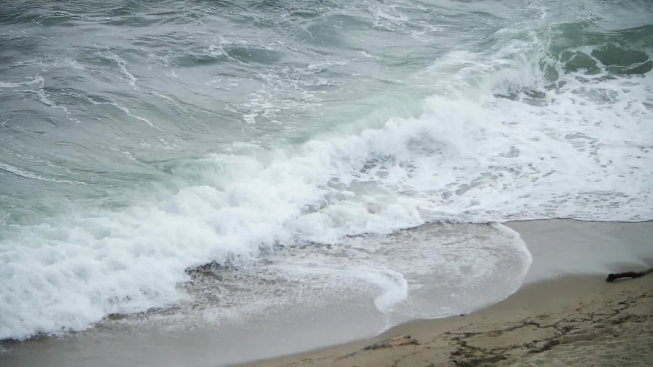 Turbulent sea waves causing foam with a black bird flying across in the foreground