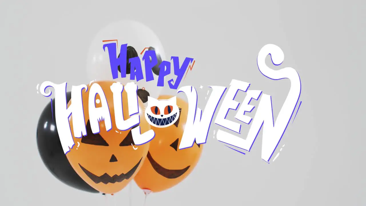 Happy halloween text banner over halloween pumpkin printed balloons against grey background