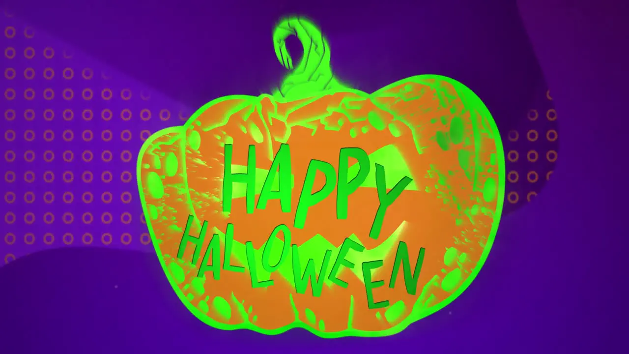 Happy halloween text over halloween pumpkin against textured digital waves on purple background