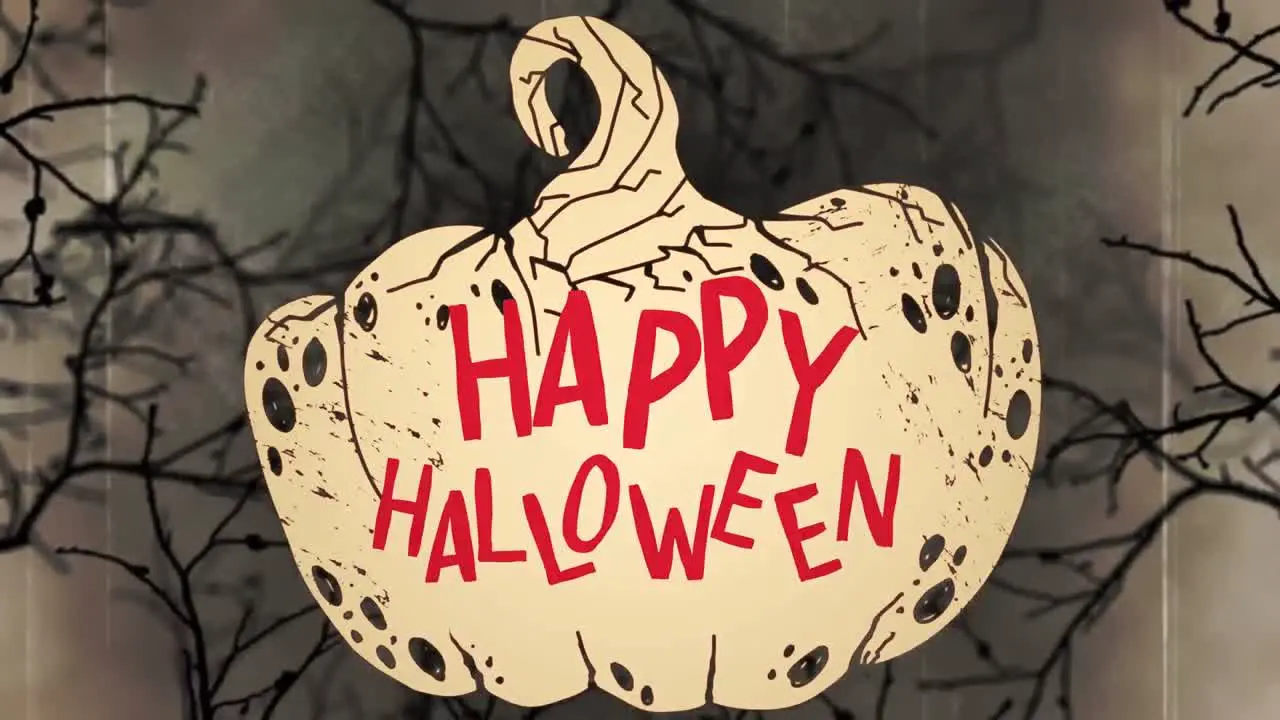 Animation of happy halloween and pumpkin over branches on beige background