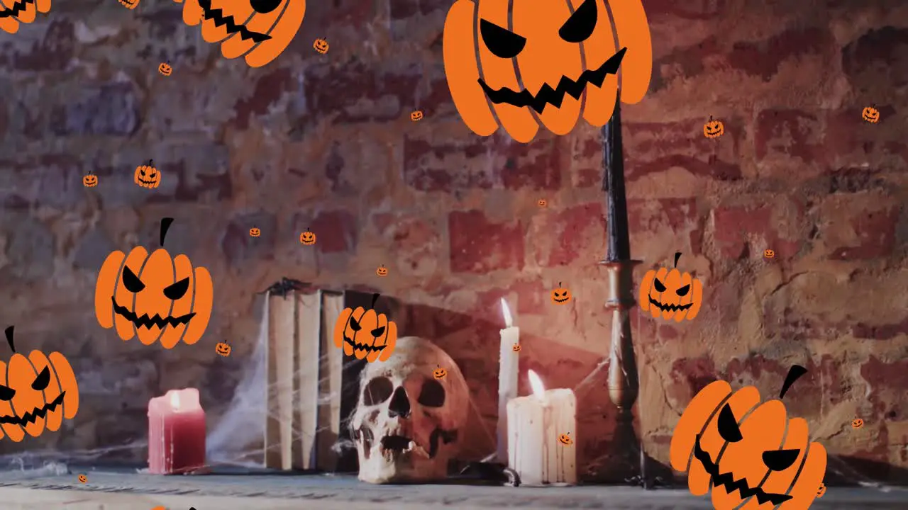 Animation of halloween pumpkins over candles and skull on brick wall background