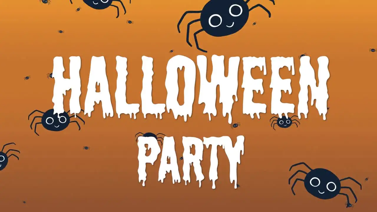 Animation of halloween party and floating spiders on orange background