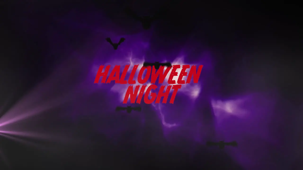 Animation of halloween night text banner over purple light spot and digital wave on black background