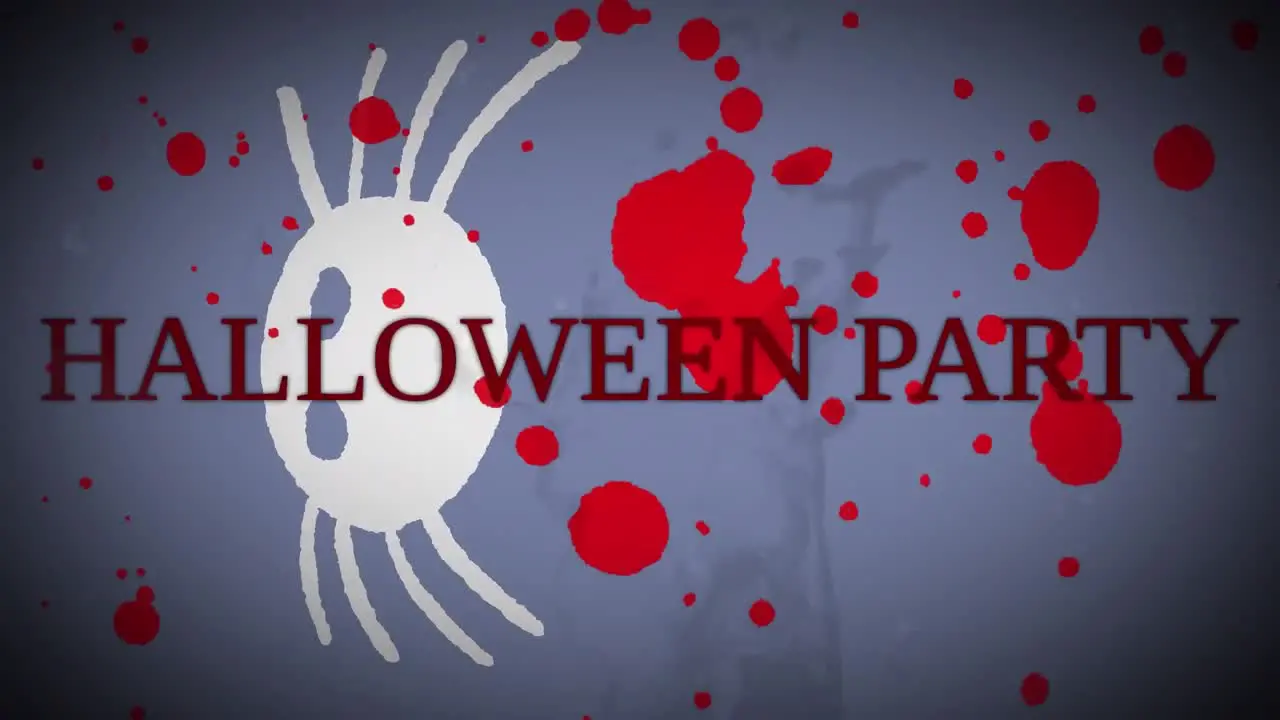 Animation of halloween party text over spider and red blots on grey background