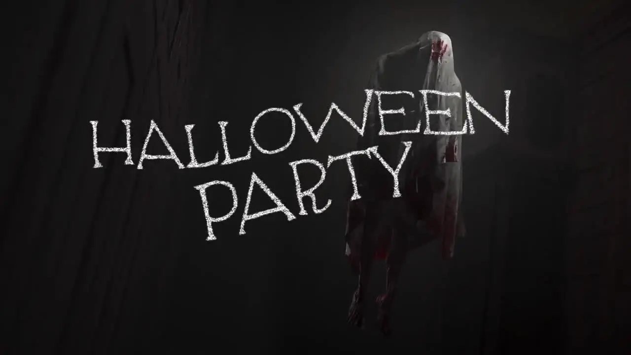 Animation of halloween party text over ghost on black background