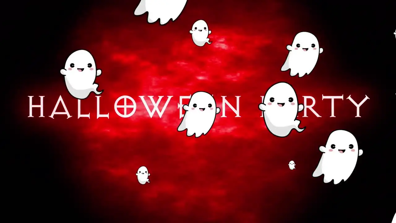 Animation of halloween party and floating ghosts on black and red background