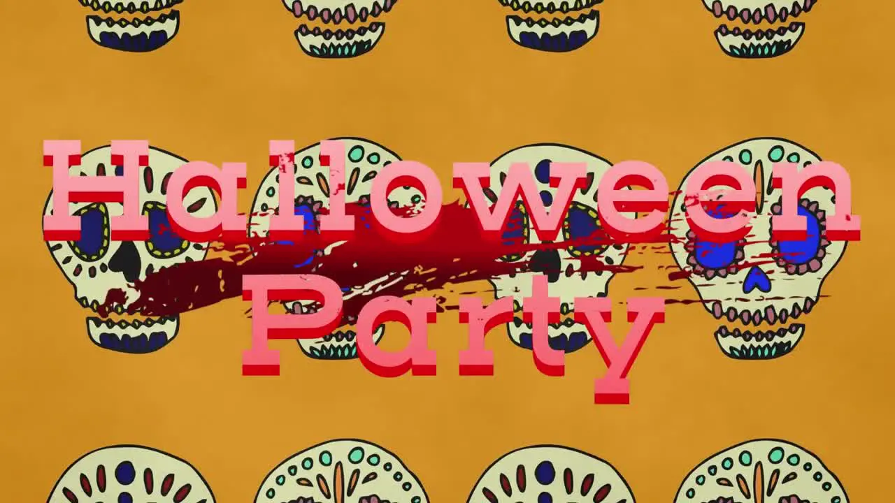 Animation of halloween party text over blood stains and skulls on orange background