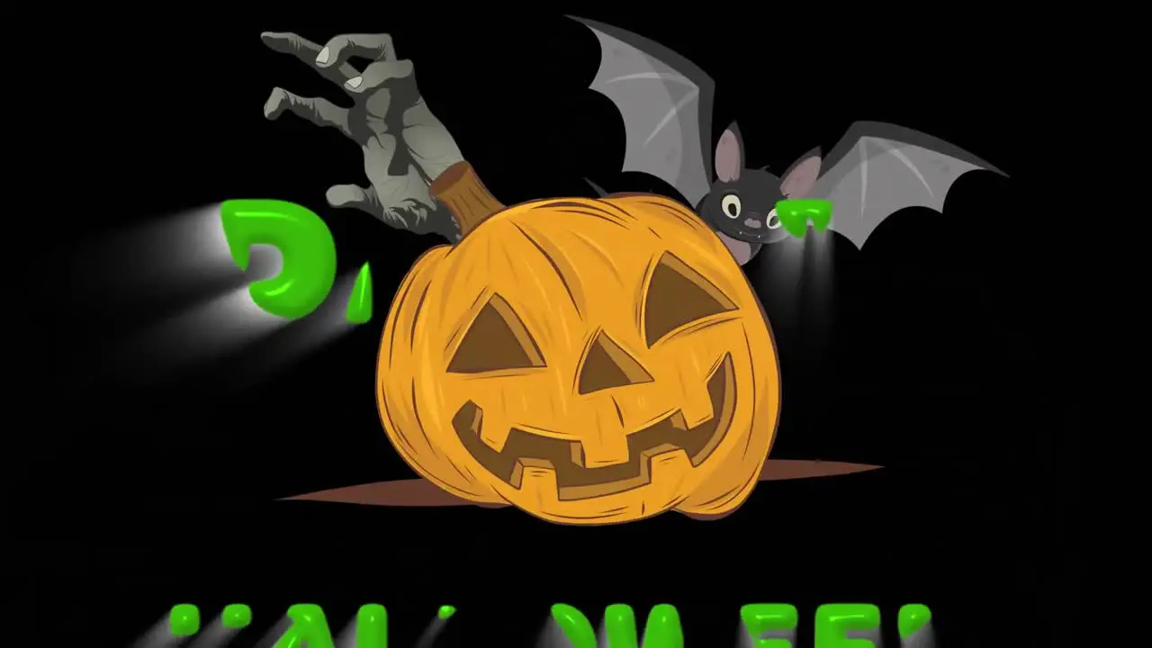 Animation of halloween party pumpkin hands and bat on black background