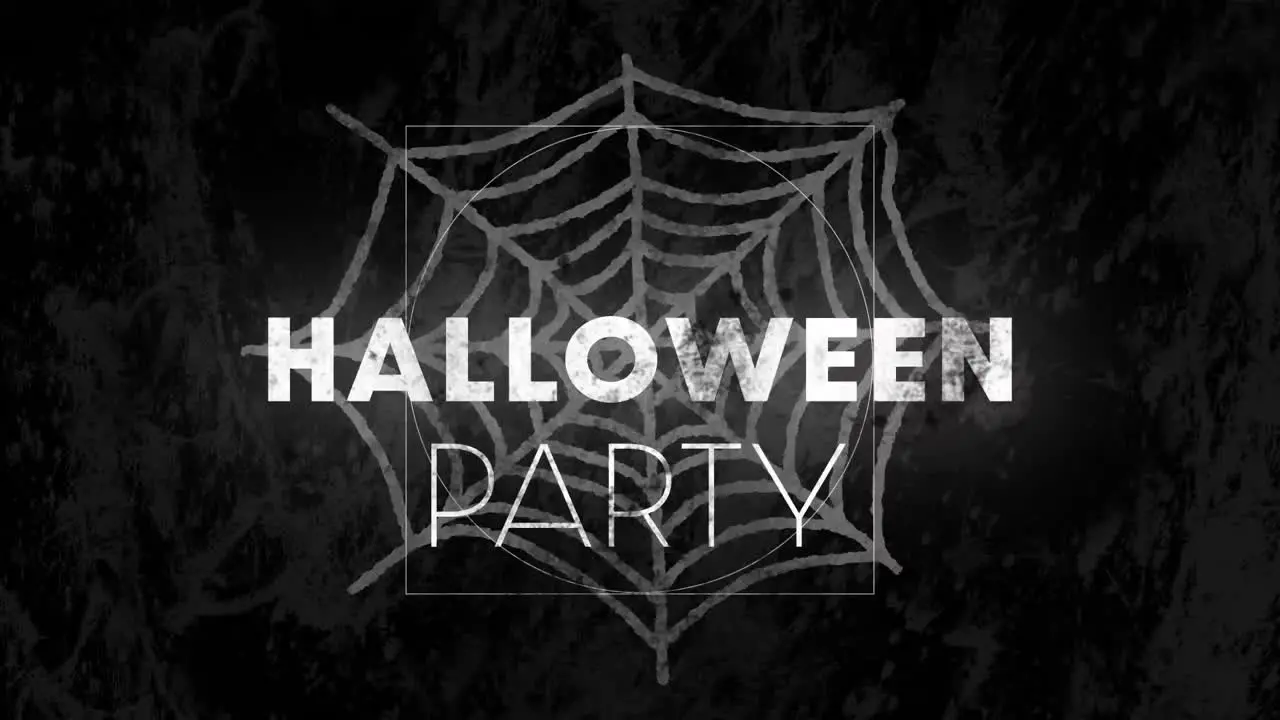 Animation of halloween party text over spiderweb on dark background