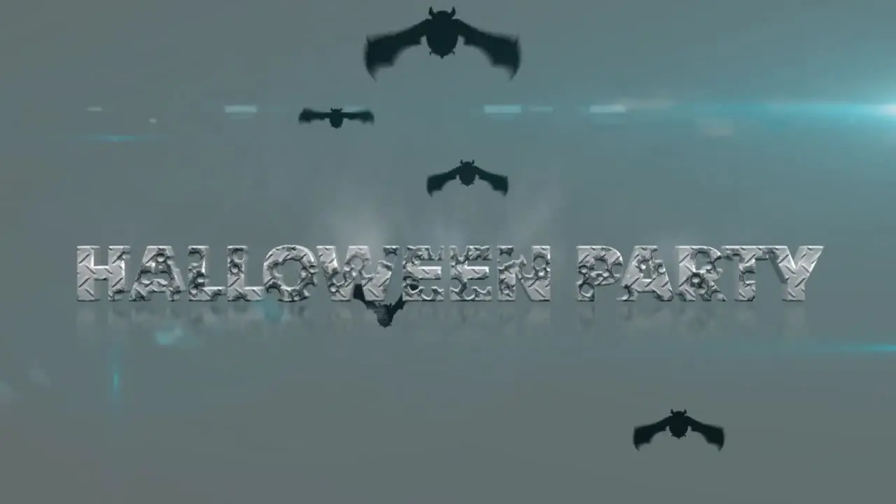 Animation of halloween party text over bats flying on grey background