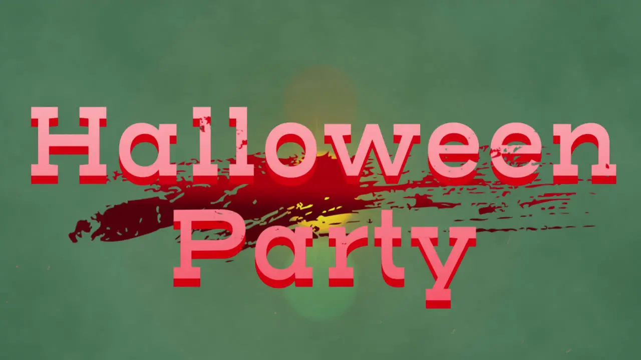 Animation of halloween party text over blood stain against spots of light on green background