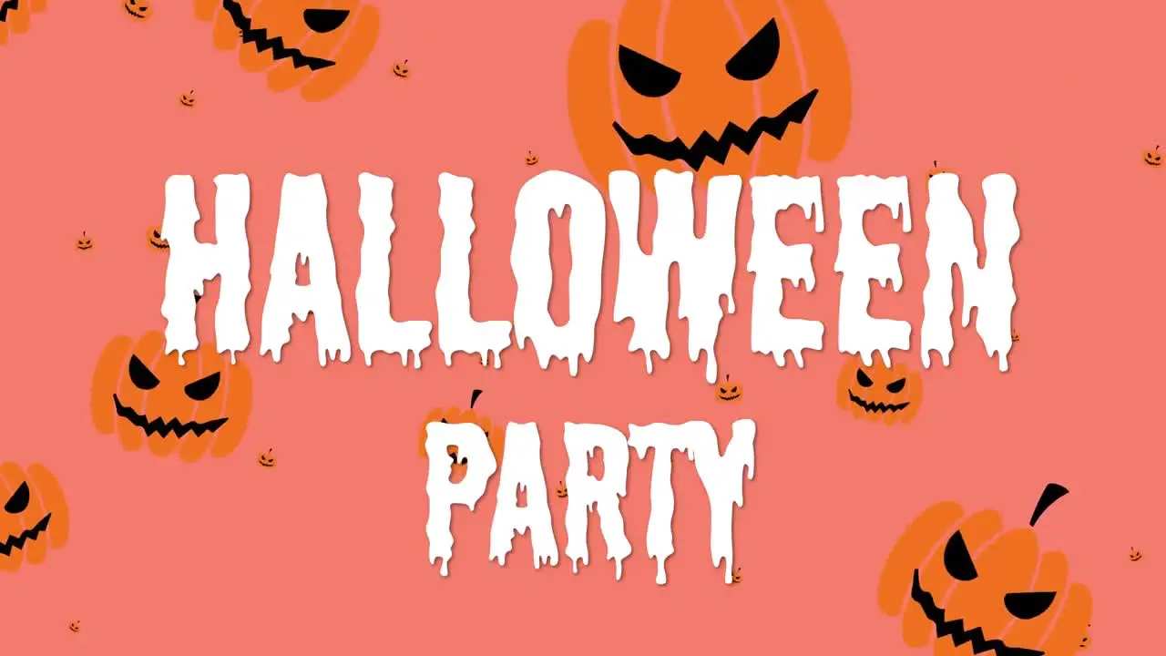 Animation of halloween party text over pumpkins falling on orange background